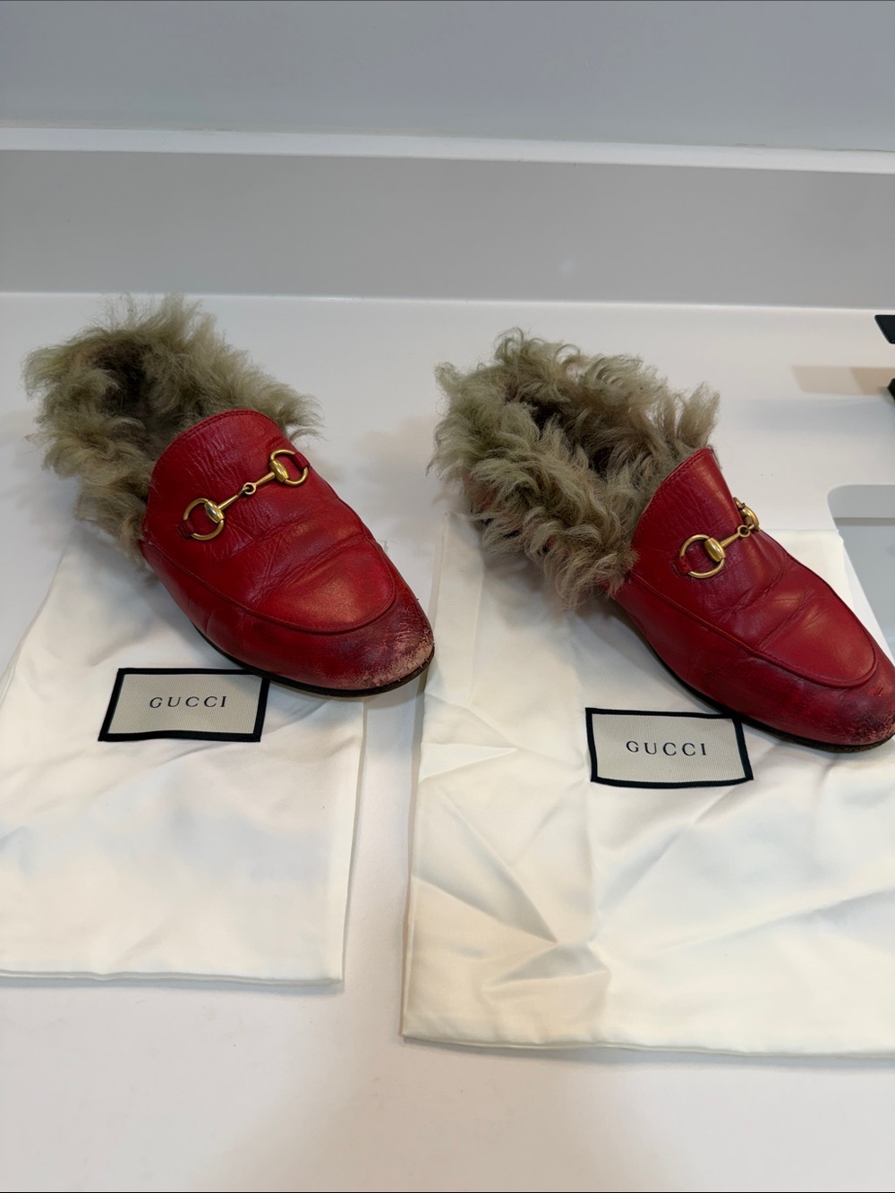 Gucci Red Leather Fur-Lined Horsebit Mules